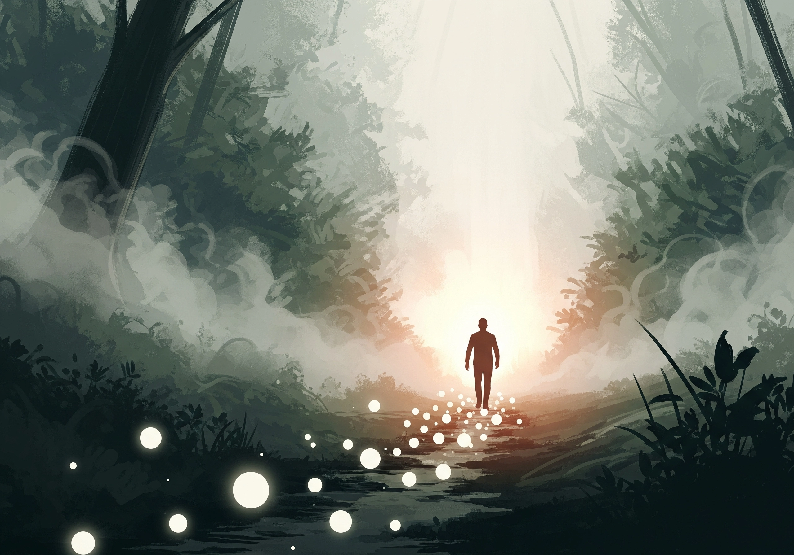 Silhouette of man walking on glowing path, representing mental relaxation practices for anxiety relief.