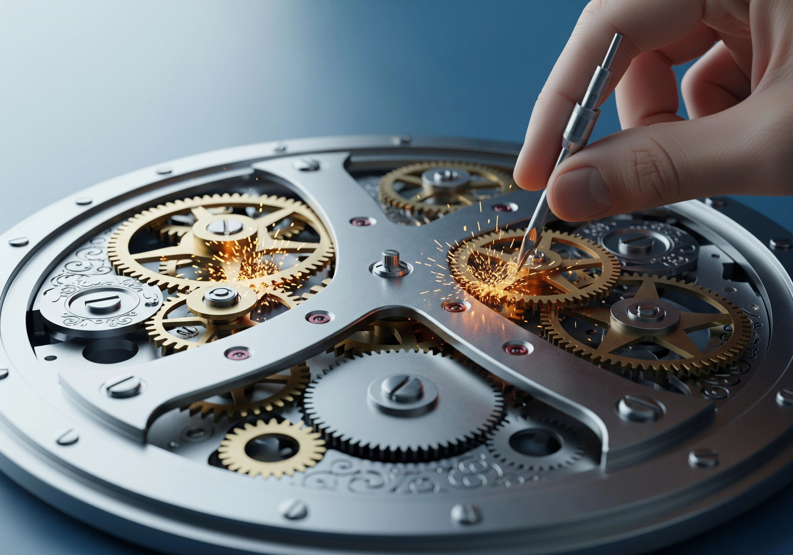 Hand adjusting intricate clockwork gears, symbolizing body tension relief and releasing stress.