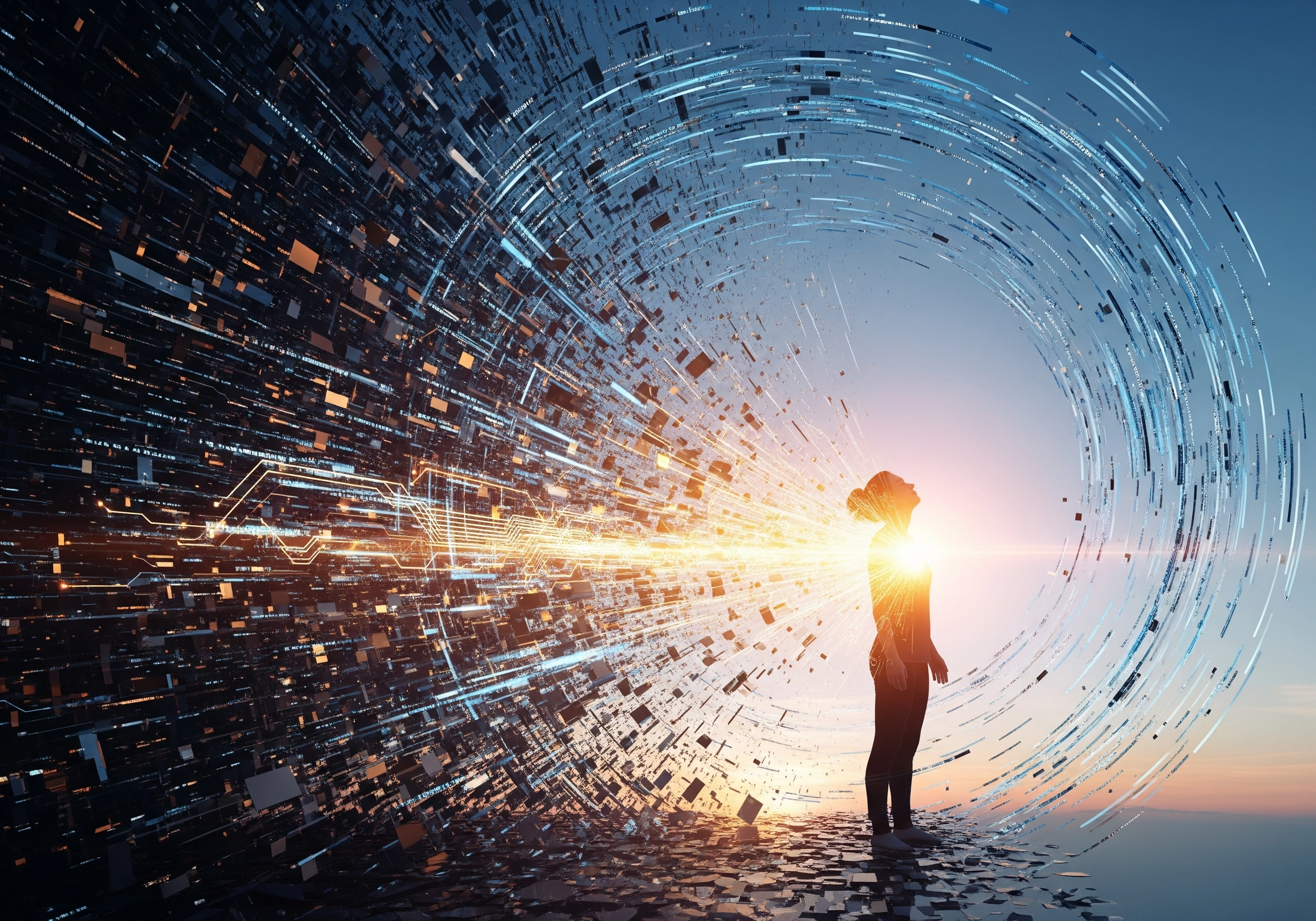 Silhouette looks toward radiating light, visualizing inner peace 2026.