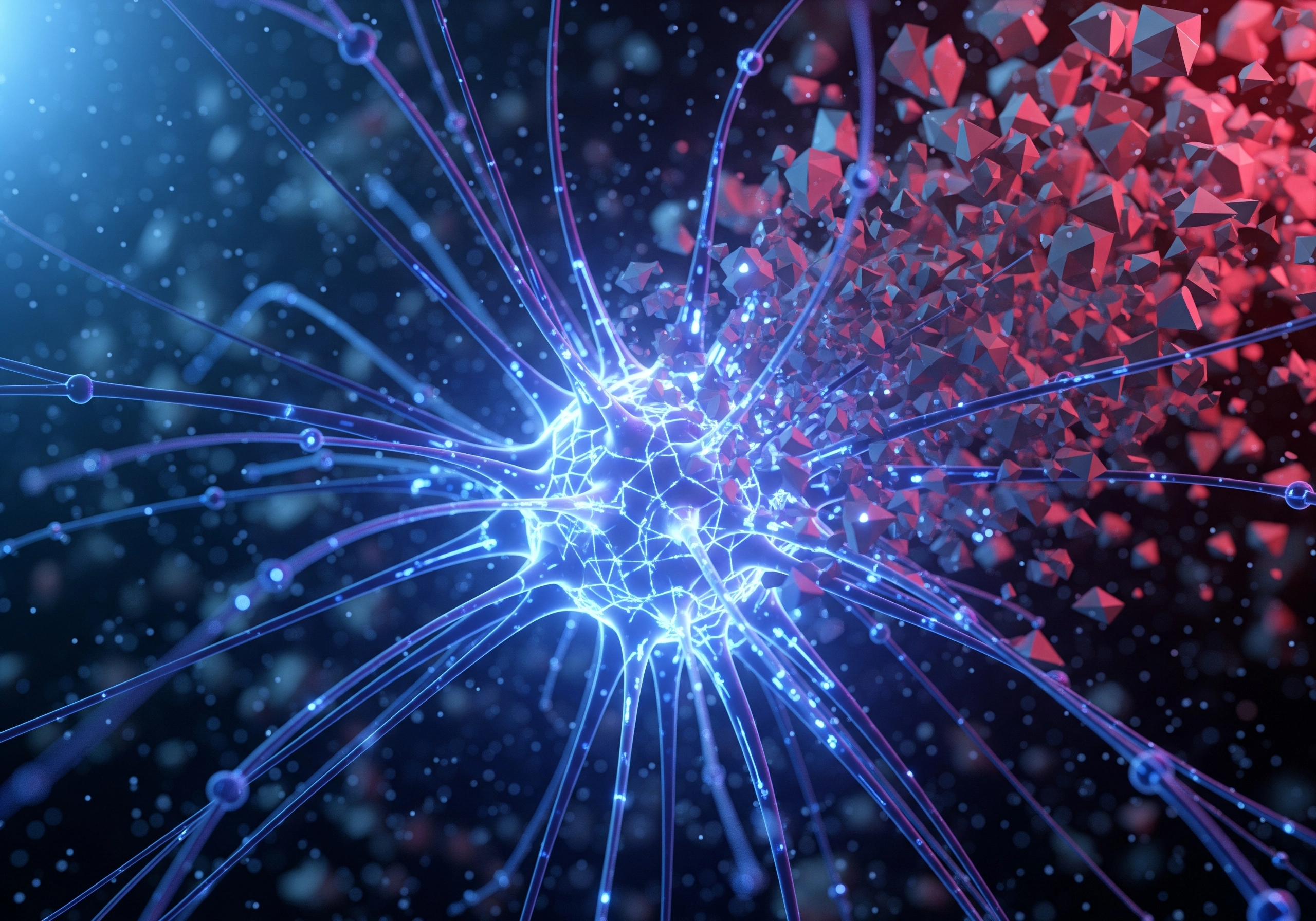 Abstract blue neuron with red fractured shapes, symbolizing mental strength anxiety.