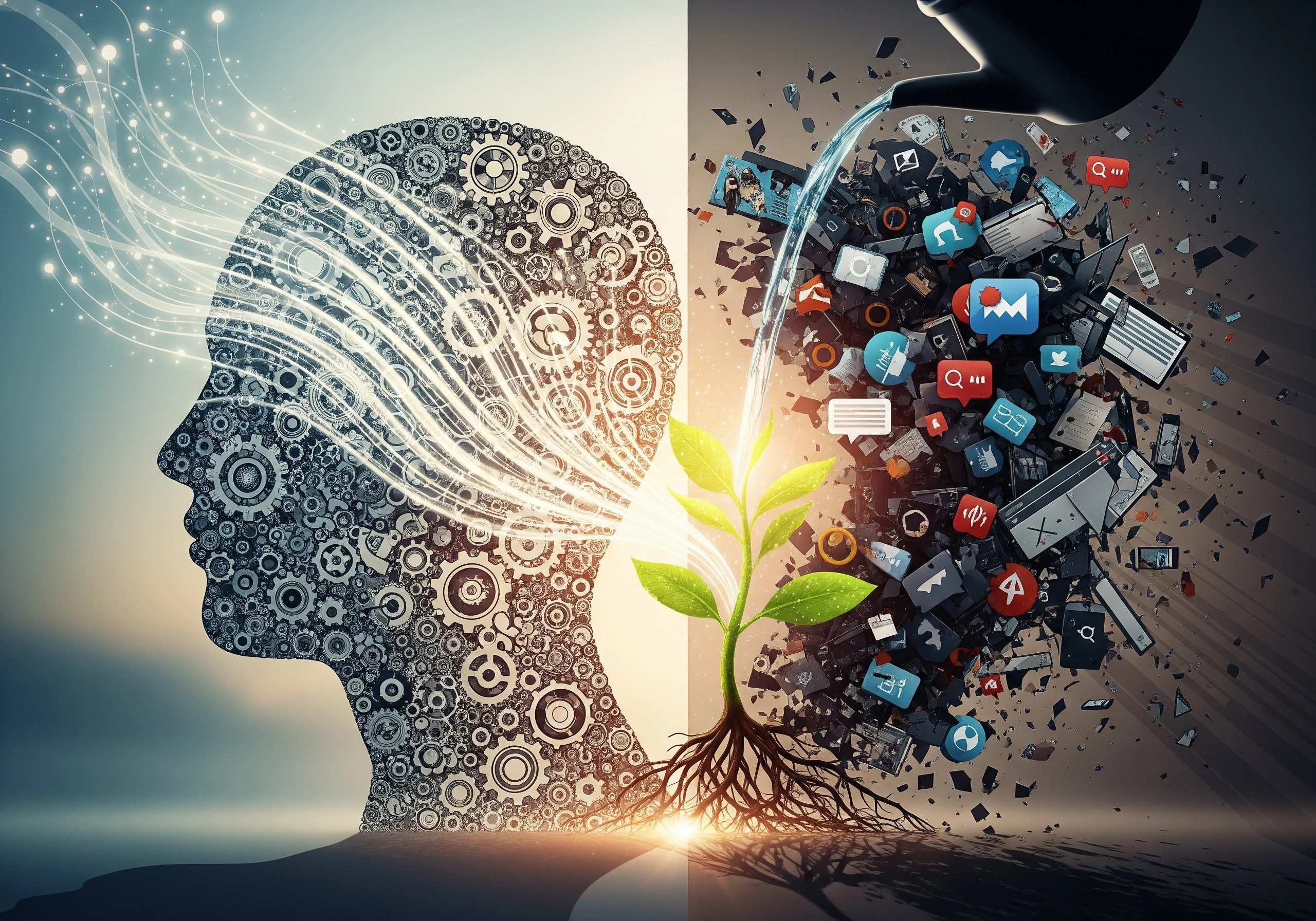 Human head silhouette with gears & plant, representing calm mind practices.