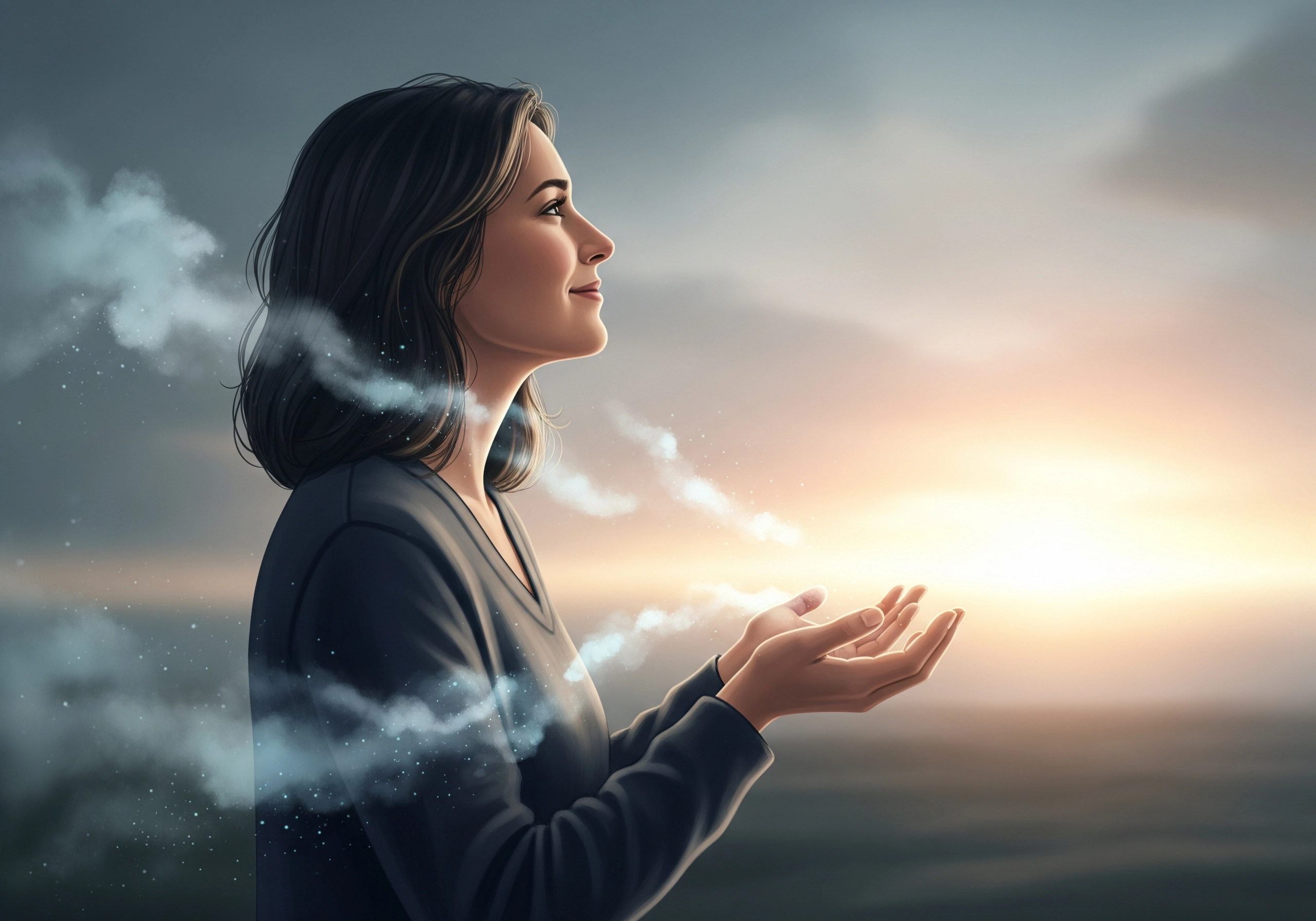 Woman releasing anxiety. Visualizing anxiety release for quick anxiety relief.