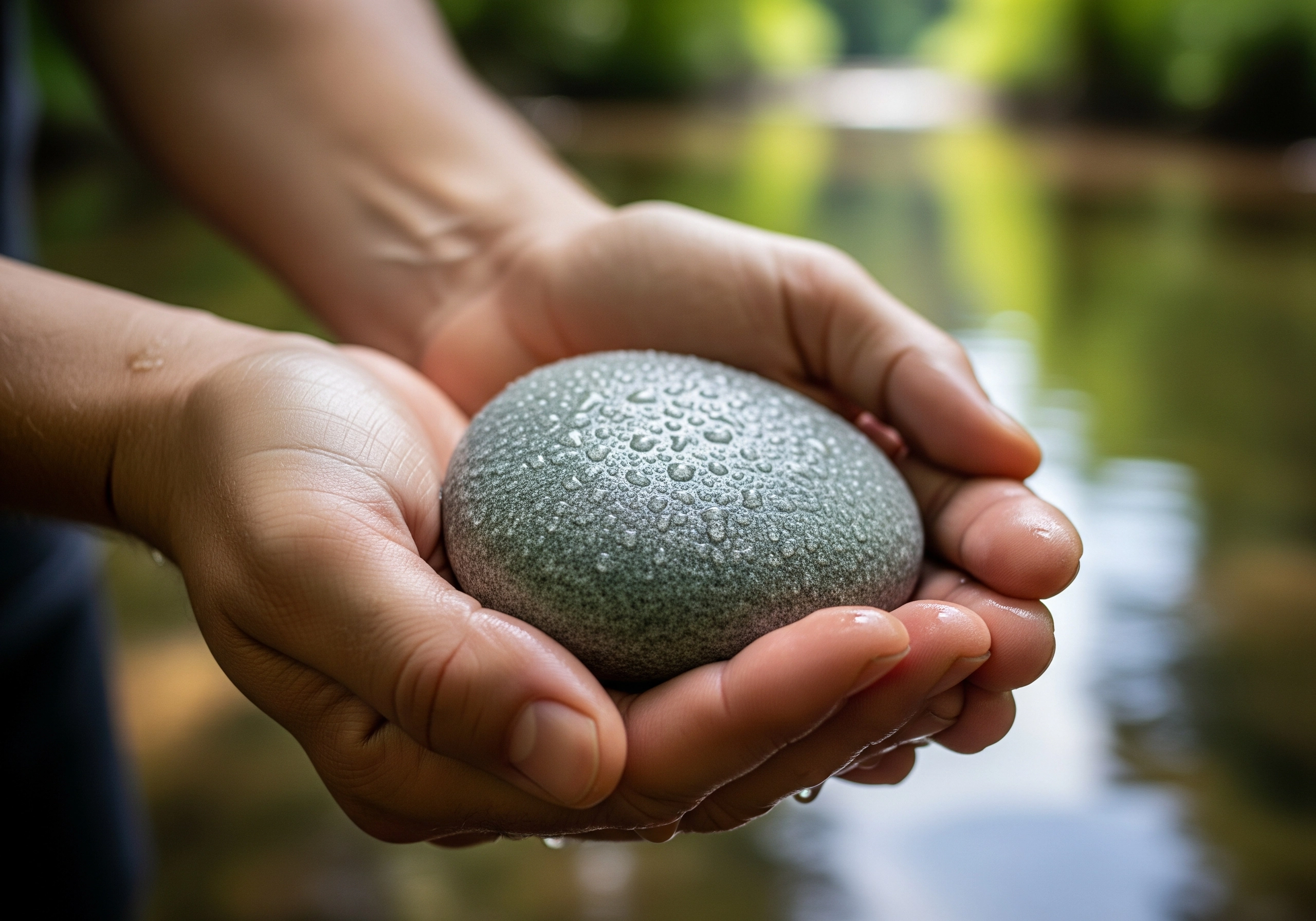 Close up of hands holding wet stone; instant anxiety relief concept.