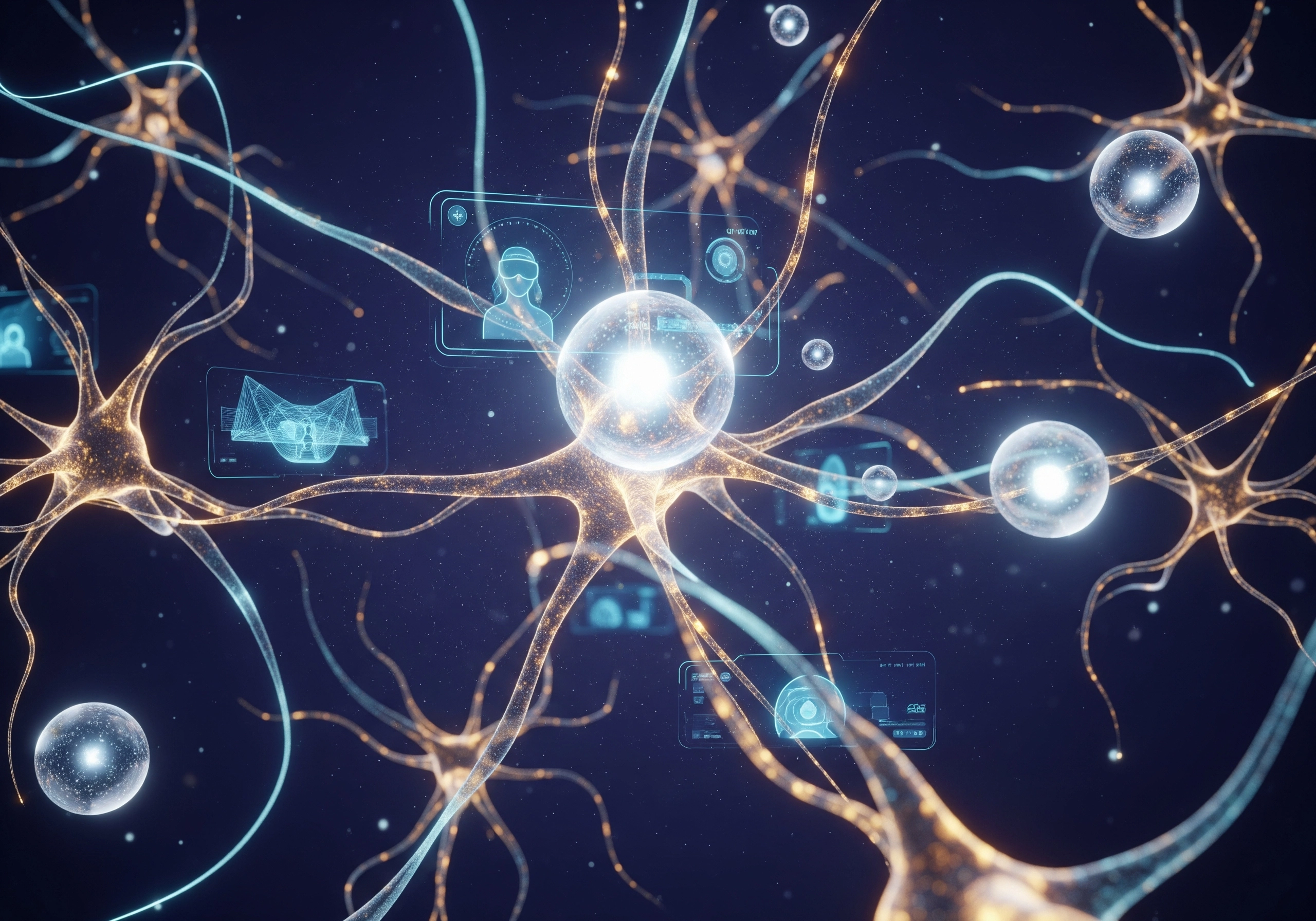 Neurons firing with data overlays, representing anxiety relief and stopping anxiety thoughts.
